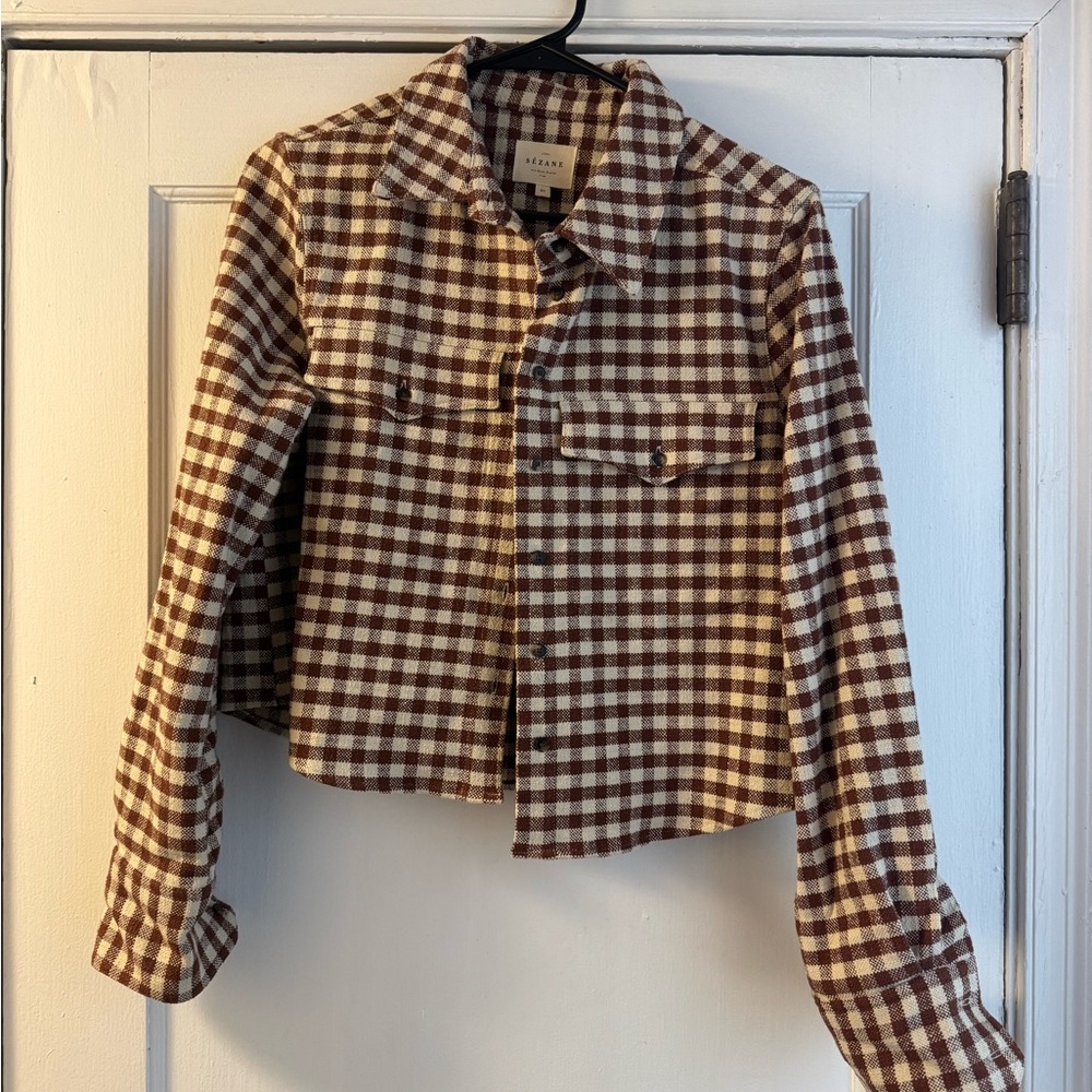 Sezane Cropped Brown Plaid Jacket